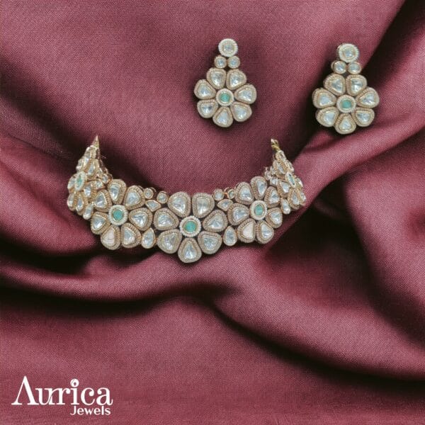 petal motif kundan necklace set, emerald accent