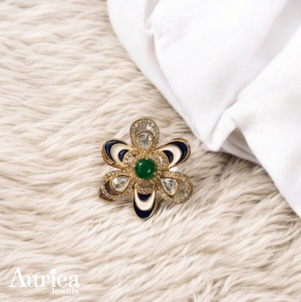 The Blossom Radiance Statement Ring is an exquisite piece inspired by the allure of floral elegance. It combines delicate artistry with a bold aesthetic and navy blue enamel, pokli and CZ Diamonds