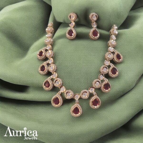 classic kundan and red color stones necklace set with cz diamonds