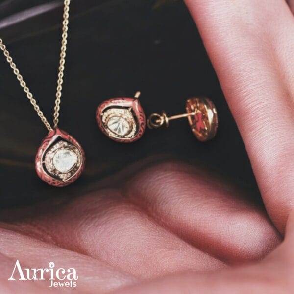 Enchanting Teardrop Polki Pendant Set with crimson enamel
