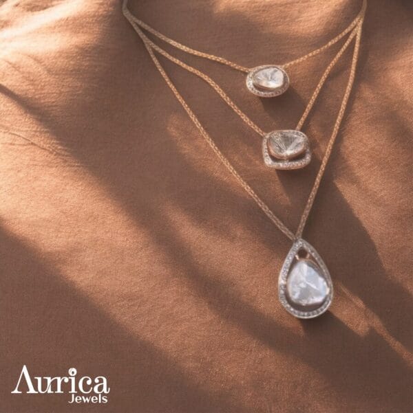 3 string big polki stones with halo necklace